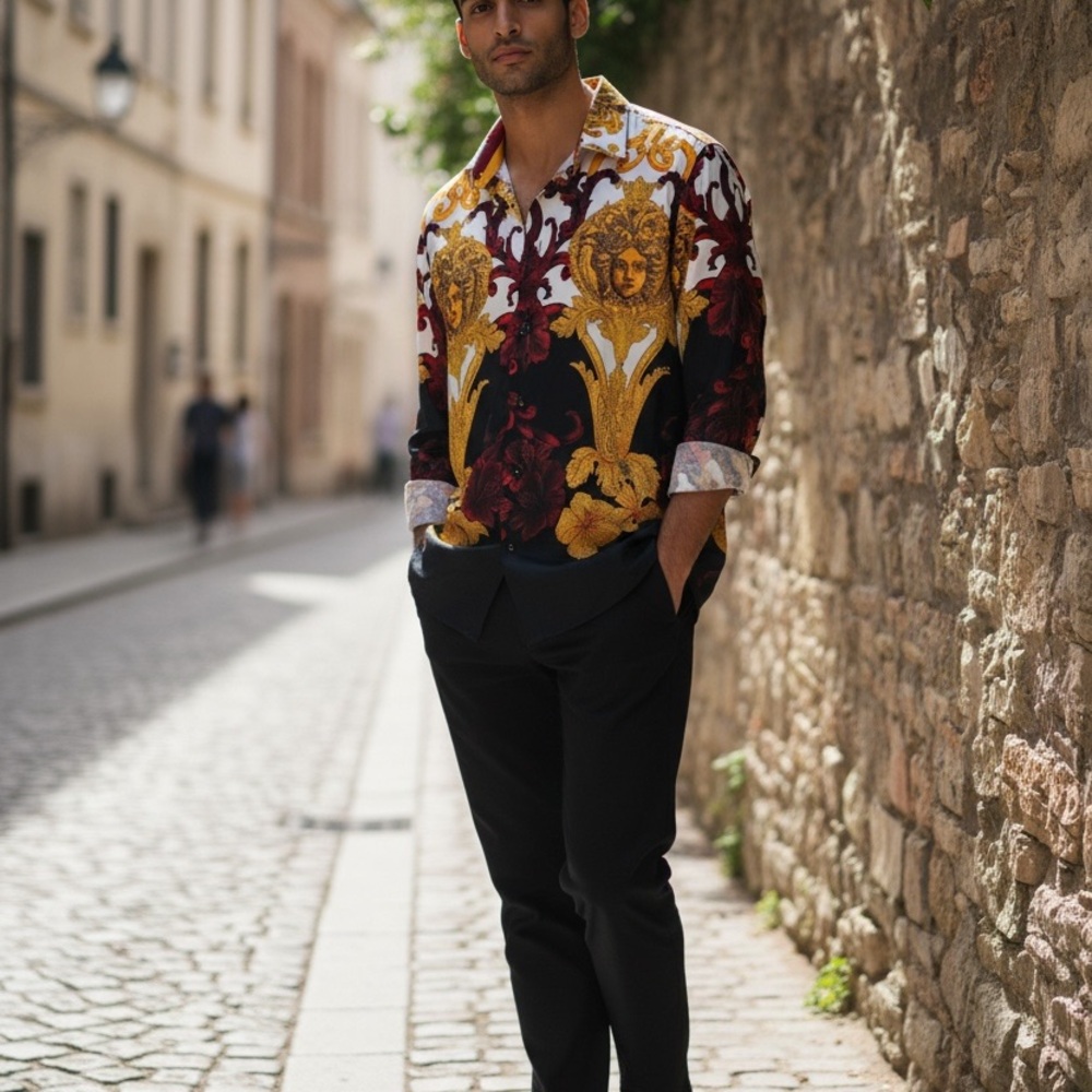 Barabas Baroque Print Button-Up Shirt in Black, Gold & Burgundy